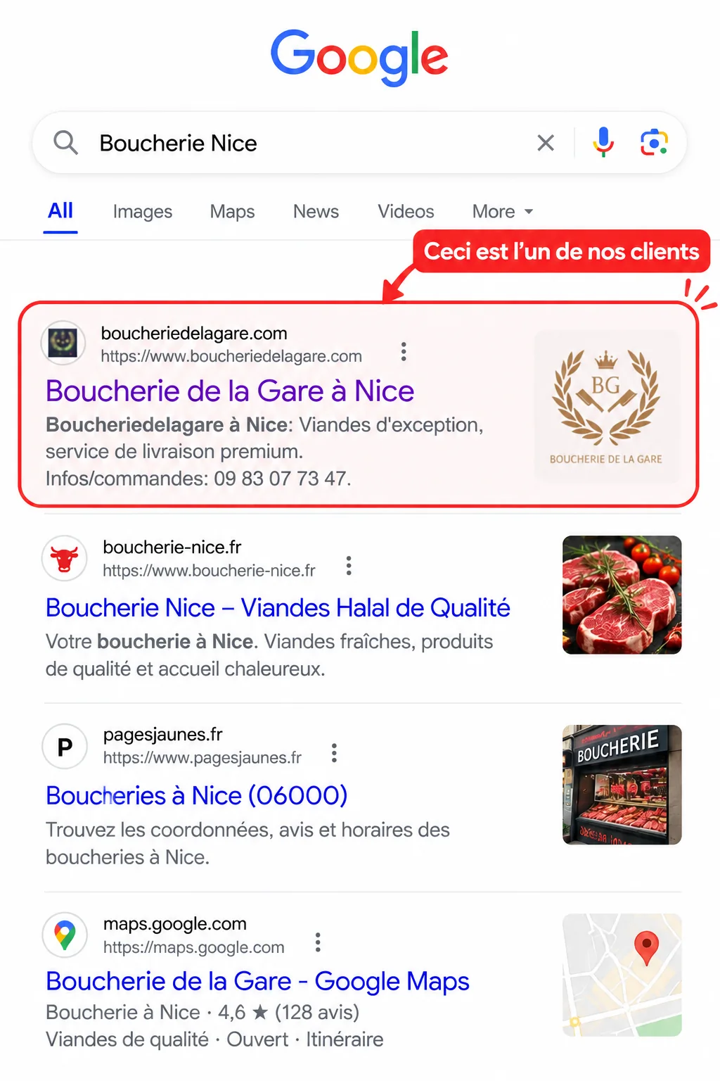 Résultats Google mettant en avant le site de la Boucherie de la Gare pour une recherche de boucherie à Nice