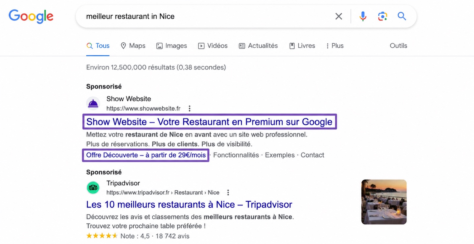 Exemple de résultats Google pour une recherche locale à Nice